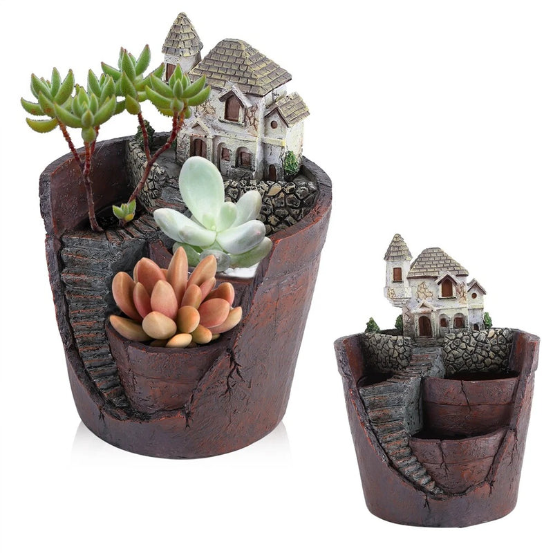 Decorative resin succulent planter set, brown textured pots with mini house details and succulents