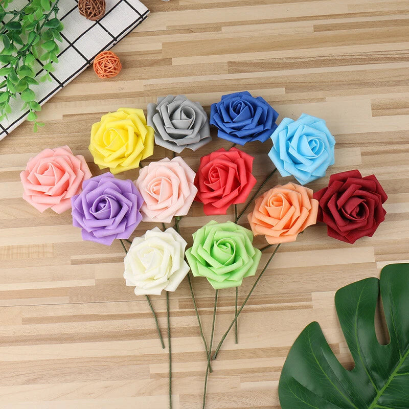 Artificial rose bouquet with 25 colorful foam flowers on green stems