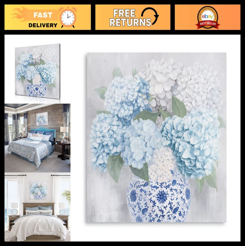 Chinoiserie Hydrangea Canvas Wall Art - Floral Porcelain Vase Print 24"x24 Hydrangea