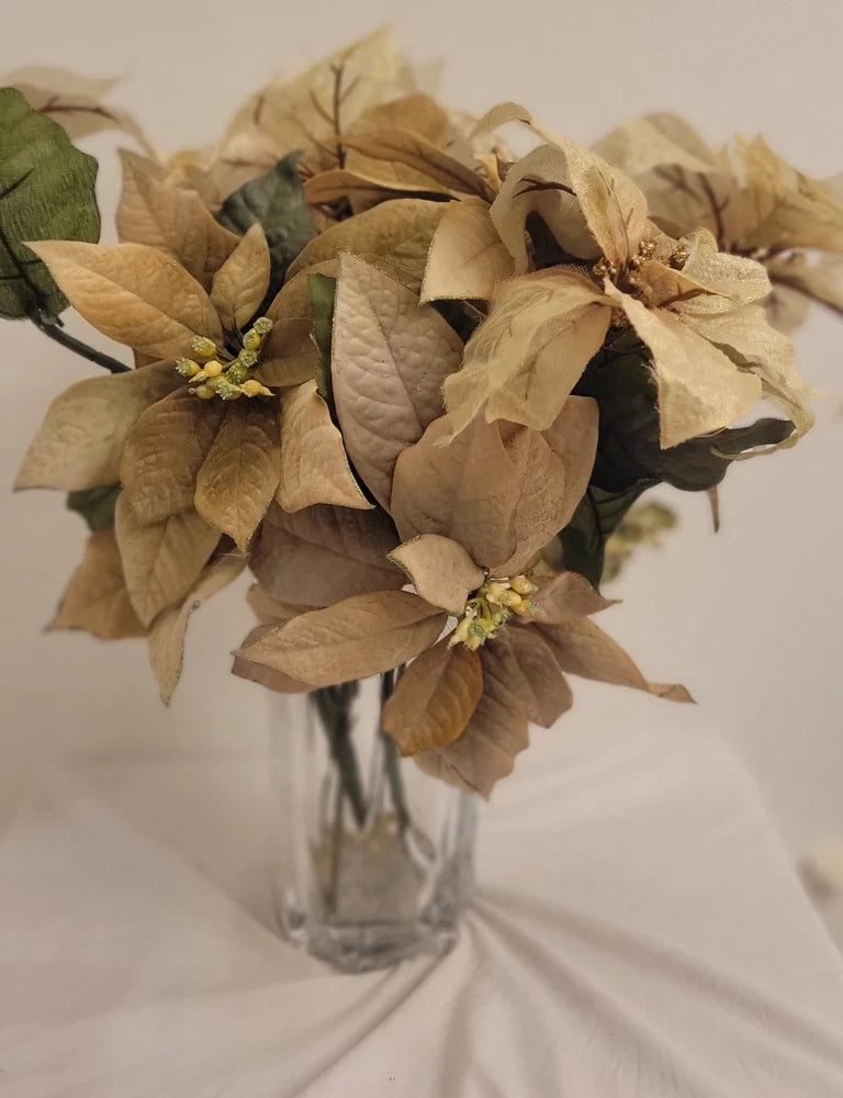 5 Pc Silk Flowers Faux Gold Poinsettia &  Hydrangea Bouquet Decor Hydrangea