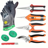 8 Pcs Garden Set.  4 Trimming Scissors, Sharpener, Gloves (M), 2 Plant Tie Rolls Garden Plants