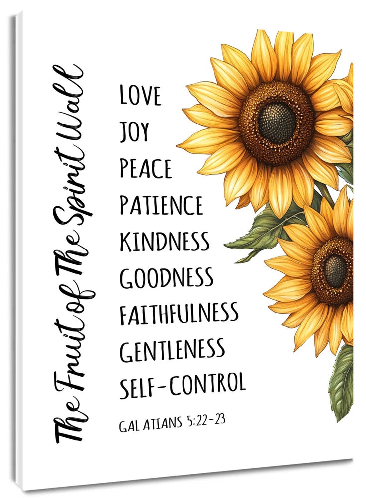 Sunflower wall art with yellow blooms and text: LOVE, JOY, PEACE, PATIENCE, kindness