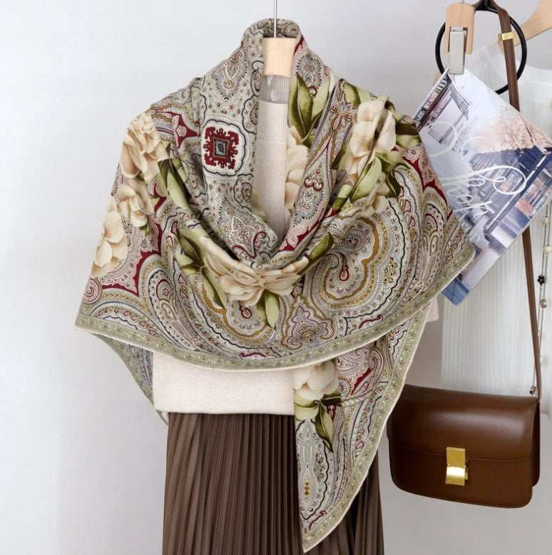 Flower Print 75% Cashmere 25% Silk Bandana Wrap Double Face Scarf 53'' street Sunflower