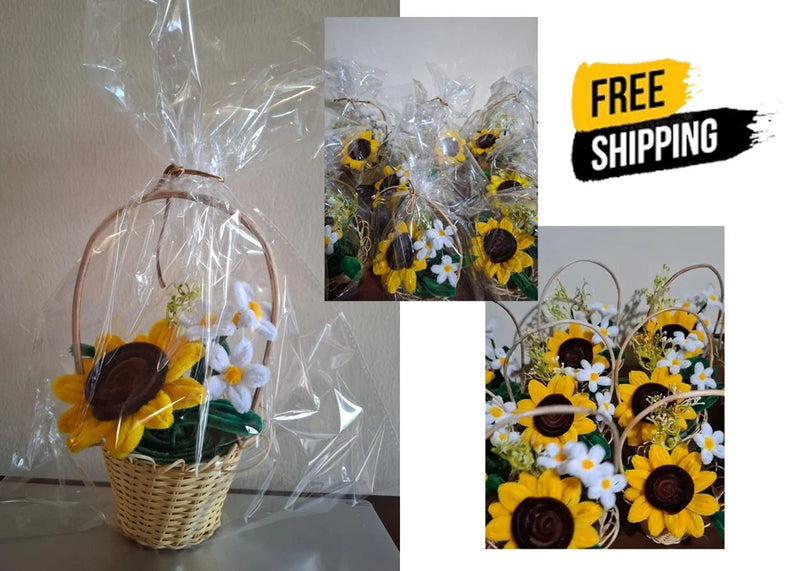 Wicker desk flower basket with sunflowers, daisies, and dark center blooms