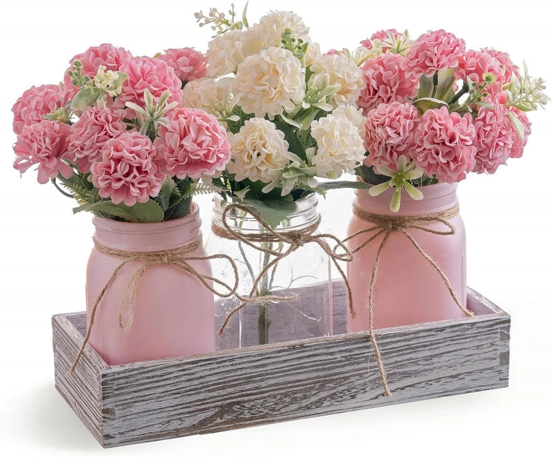 3PCS Artificial Hydrangea Flowers in Mason Jars with Wood Tray for Dining Tab... Hydrangea