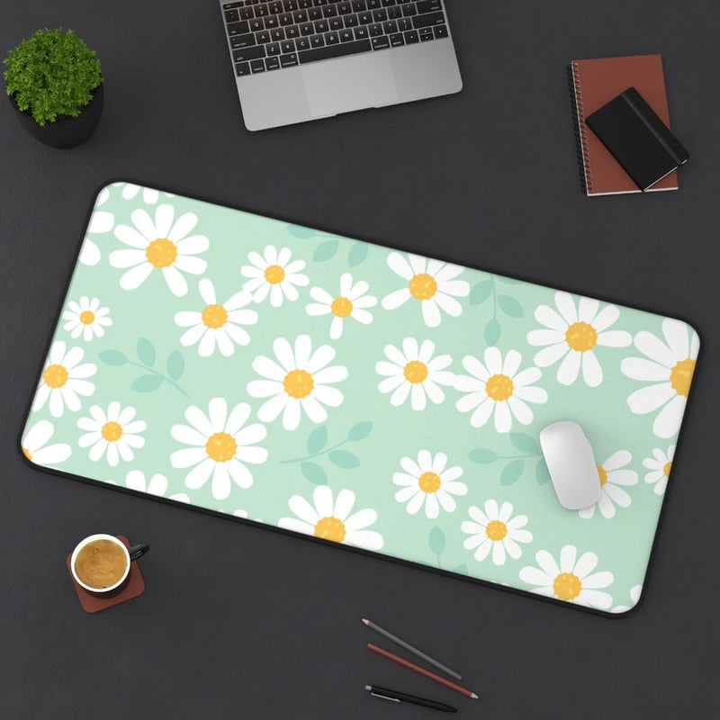 Extra-large gaming mouse pad with mint green daisy floral print, rounded edges