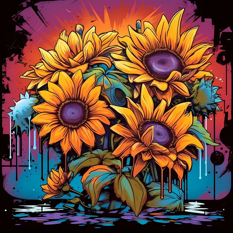 Colorful sunflower sticker vase with four bright sunflower heads and leaves