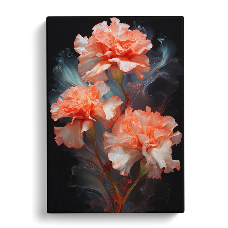 Framed canvas wall art with coral-orange carnation flowers on a dark abstract background
