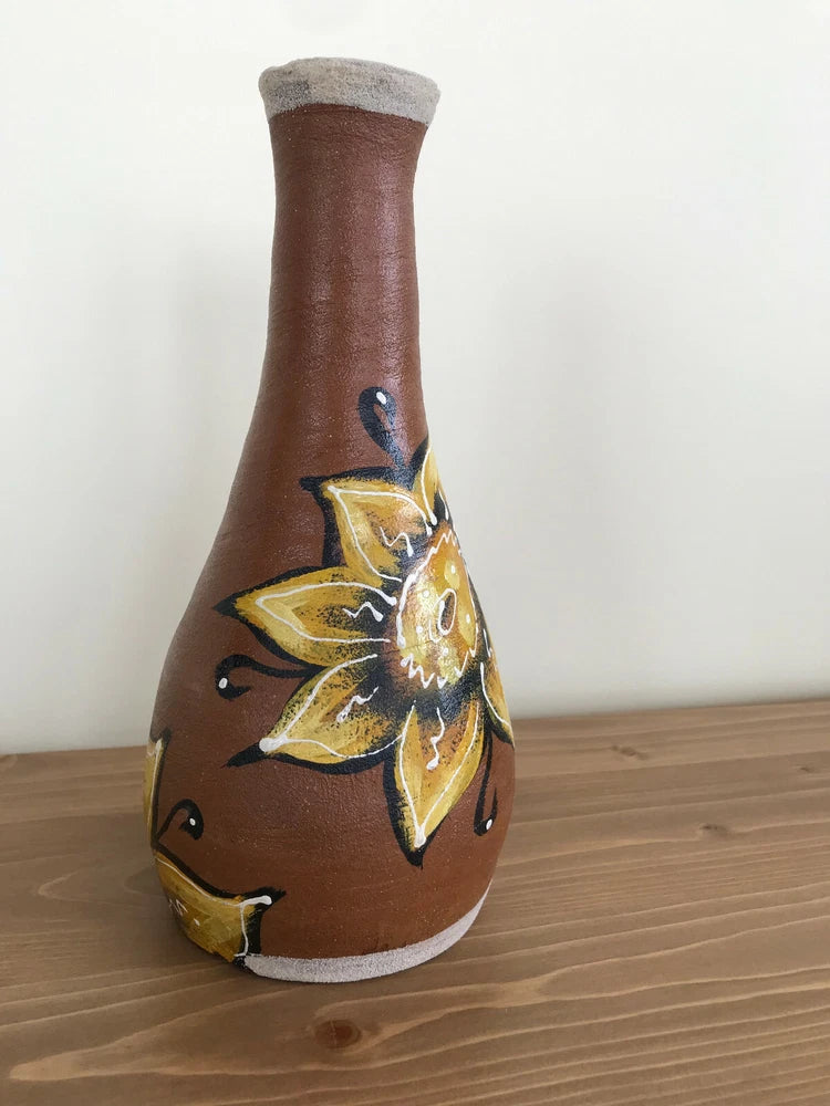 Terracotta Red Clay Vase w/ Handpainted Sunflower Caribbean Design Boho Decor Sunflower