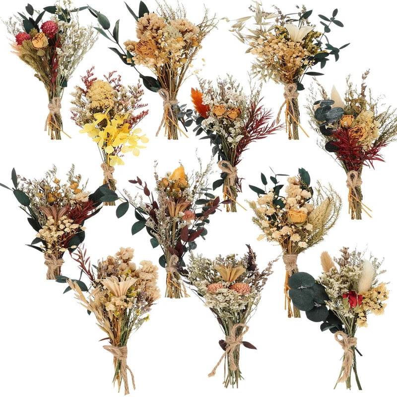 Mini boho dried flower bouquets, eucalyptus leaves, assorted beige and burgundy tones