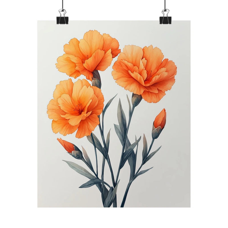 Orange carnation flower art print poster with six blooms and blue-green stems