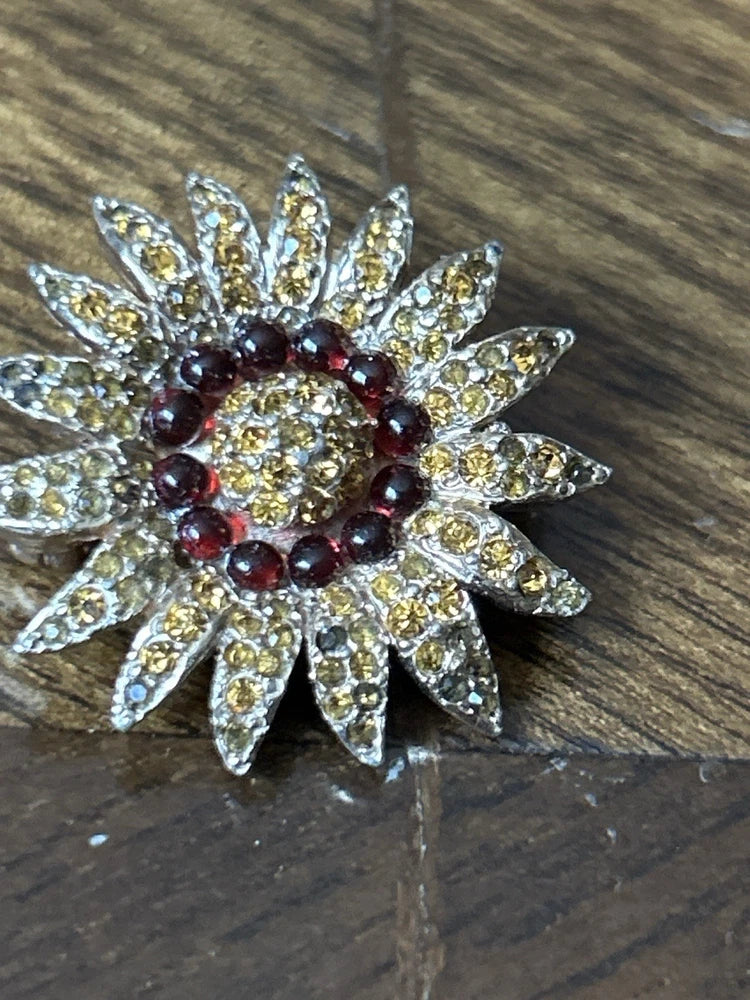 Vintage Hobe_ Sunflower Brooch Yellow & Red Rhinestones Gold Tone Flower Pin Sunflower
