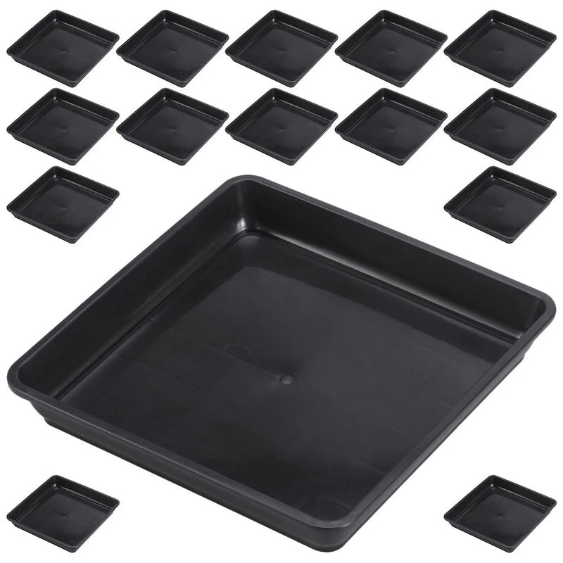 Black square plastic plant trays set: one large saucer tray with 14 small drip trays
