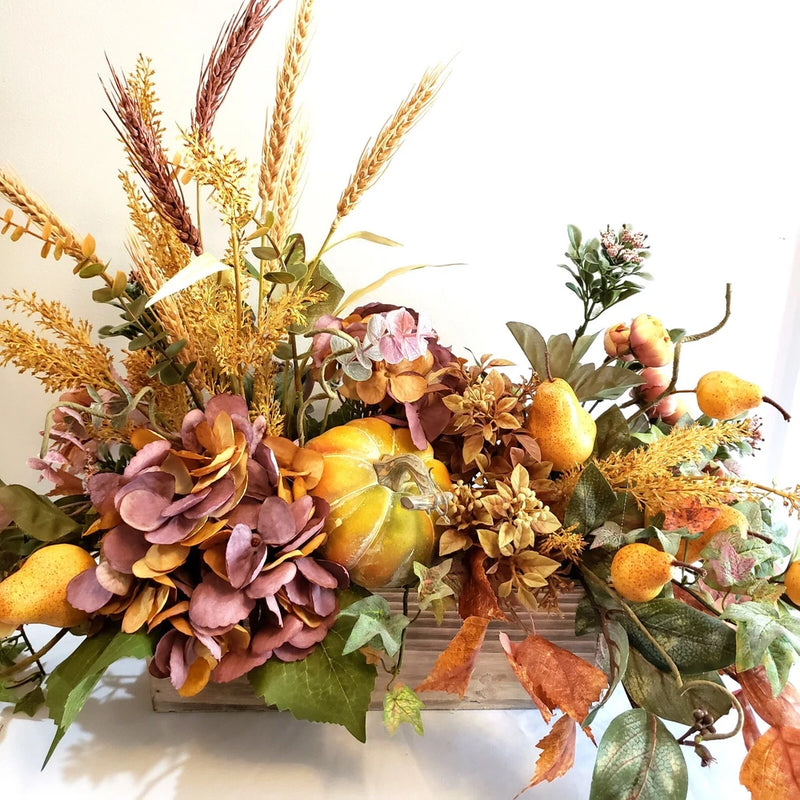 Fall silk floral arrangement, purple and orange floral, pear and pumpkin floral Hydrangea