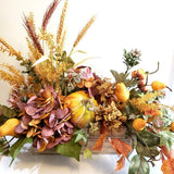 Fall silk floral arrangement, purple and orange floral, pear and pumpkin floral Hydrangea
