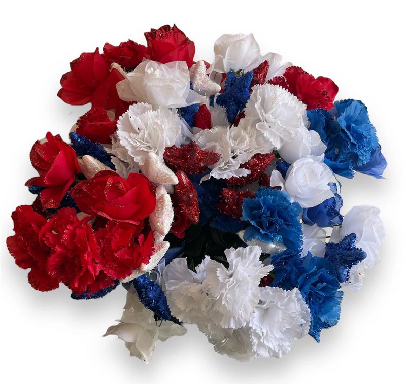Silk Flowers Bouquet 35 Stems Carnations Roses Bundle Red White Blue w/ Stars Carnation