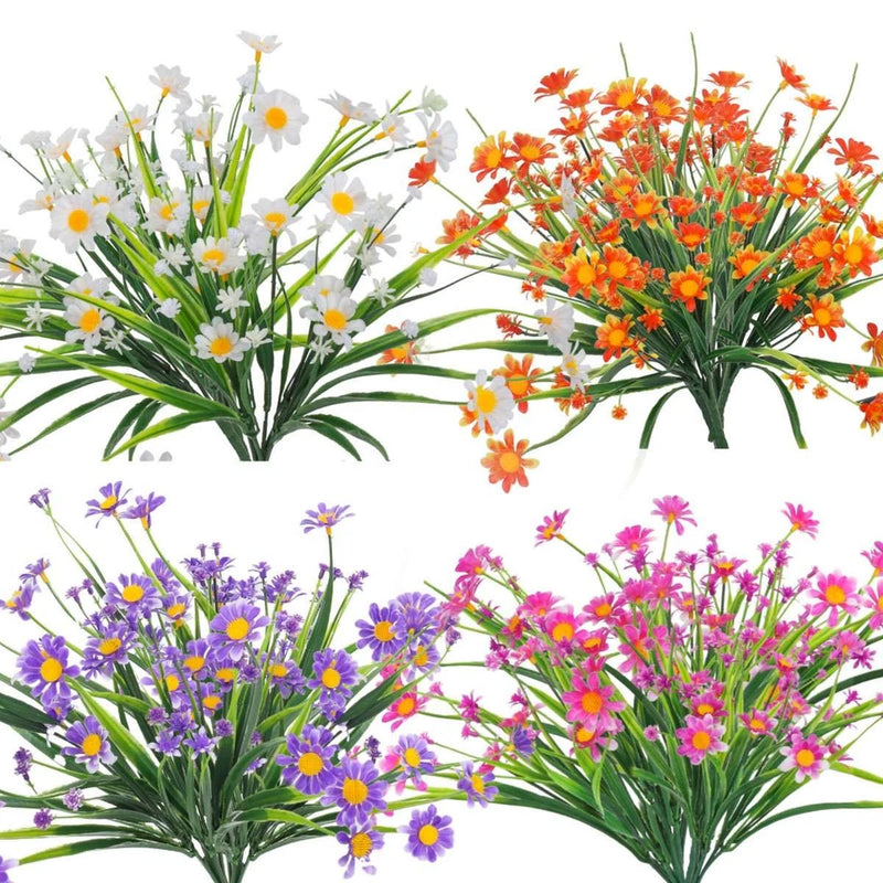 Artificial plastic flower bunches with white, orange, purple, and pink blossoms, green stems.