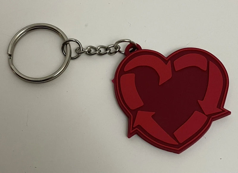 Red heart-shaped recycle keychain with metal key ring and chain