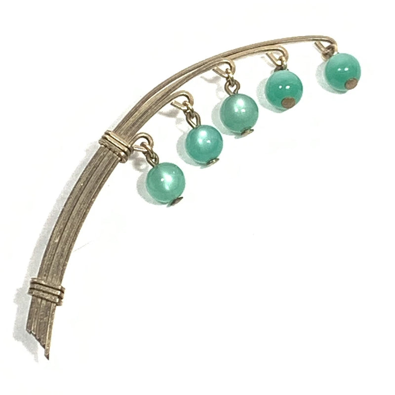 Vintage Green Moonglow Bead Dangle Flower Pin Lily Of Valley Gold Tone Wire 2.75 Lily
