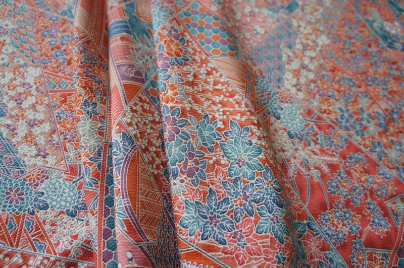 Vintage Japanese Silk Kimono Fabric Orange Floral Geometric Pattern 165cm(64") Flowering Plants