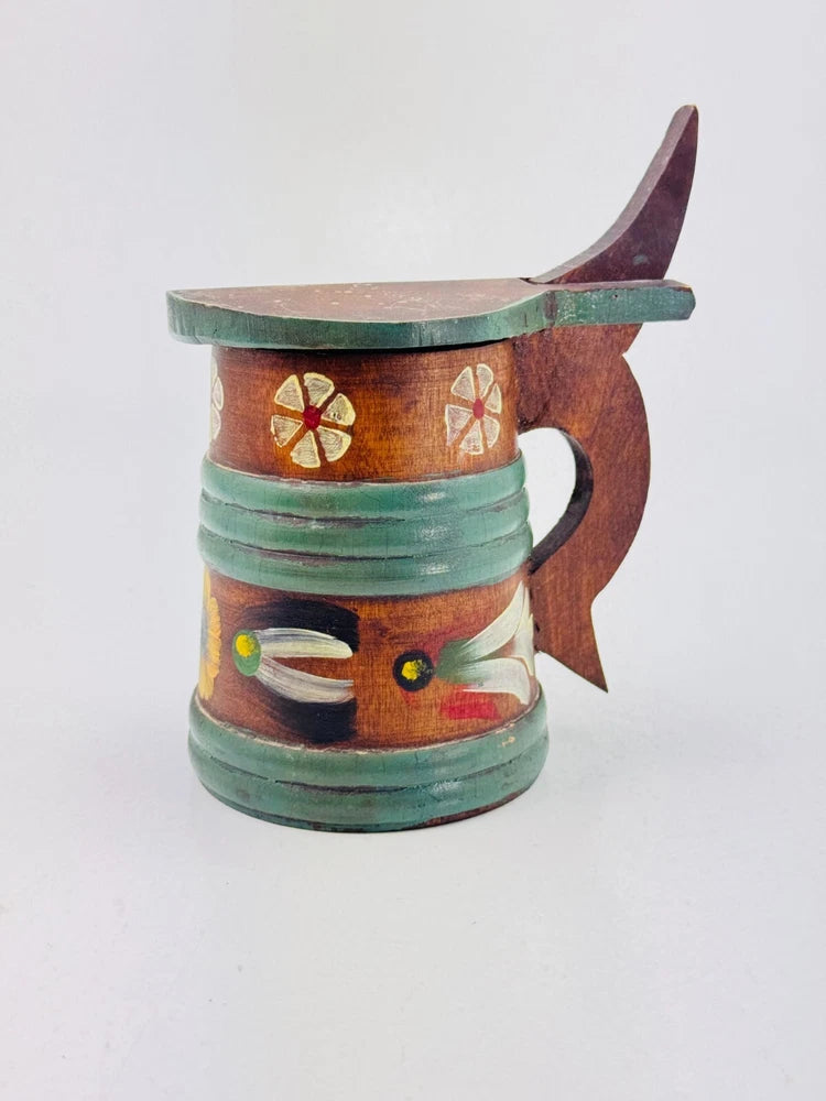 Vintage Handmade Hand Painted Wood Mug Folk Art Sunflower Floral Flower Lidded Sunflower