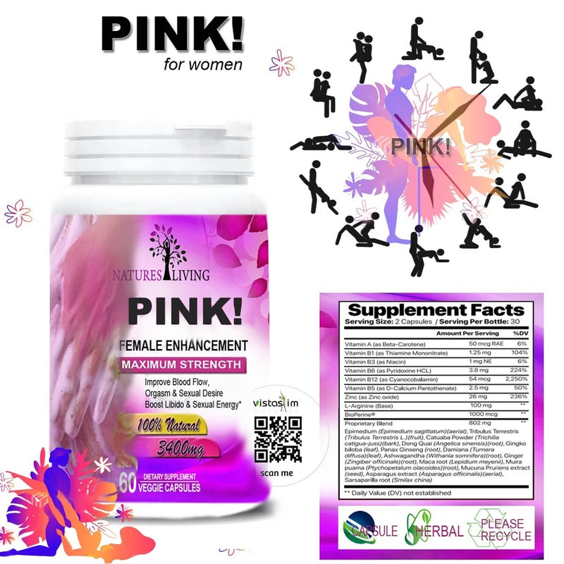 Pink supplement bottle with Supplement Facts panel and QR code label