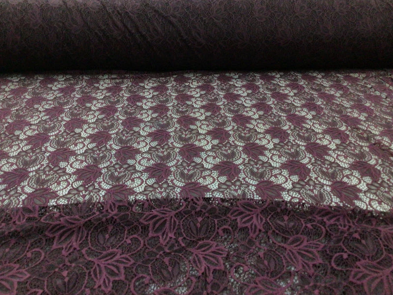 Embroidered Stretch Lace Apparel Fabric Sheer Floral Sangria Purple ZZ210 Flowering Plants