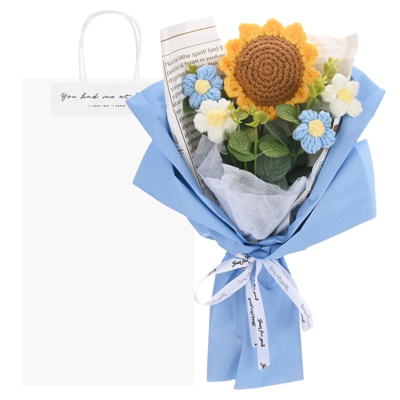 Crochet sunflower flower bouquet with blue gift wrap and white blooms