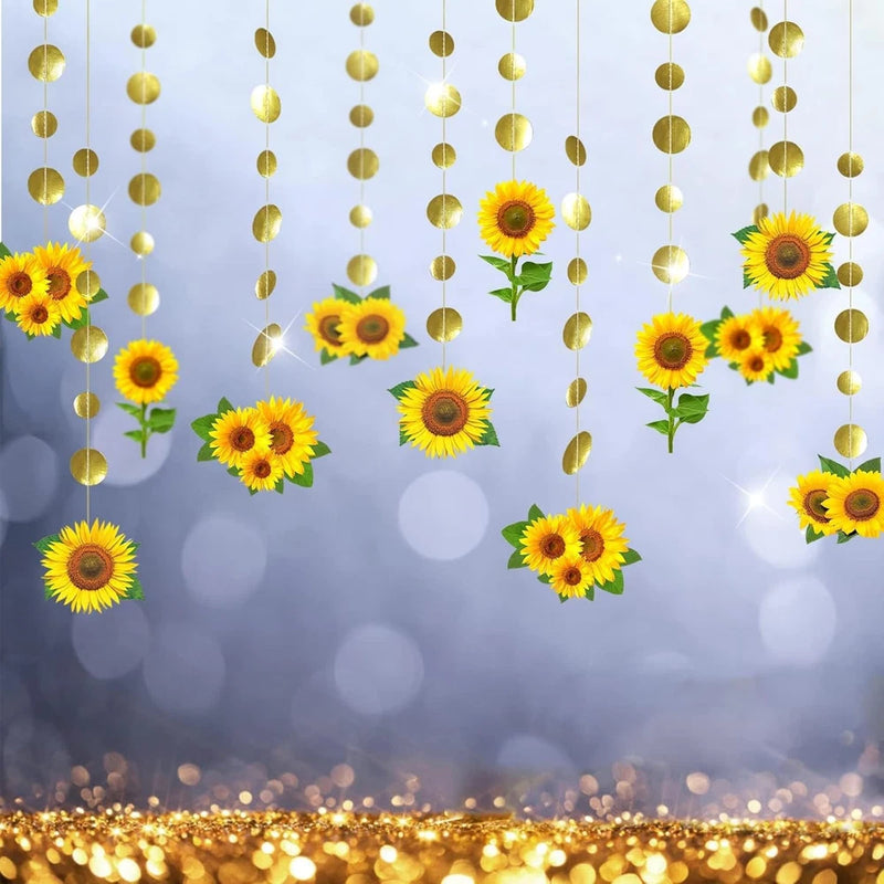 Artificial sunflower garland with hanging gold disc strands and sunflower blooms