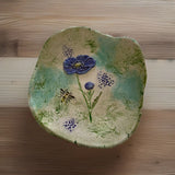 Vtg Studio Art Pottery Irregular Shape Trinket Dish Floral And Bee Textured Ranunculus