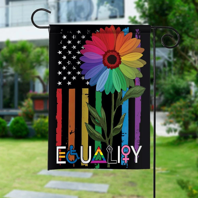 Equality sunflower garden flag with rainbow stripes, stars, and EQUALITY text