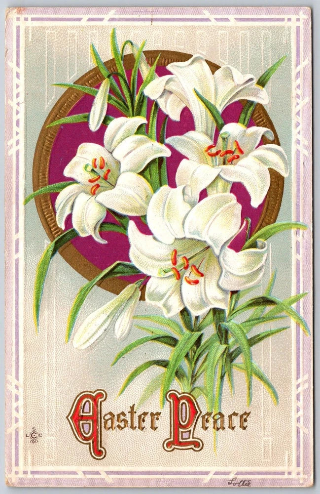 Easter Peace embossed lily postcard with white lilies and red lettering