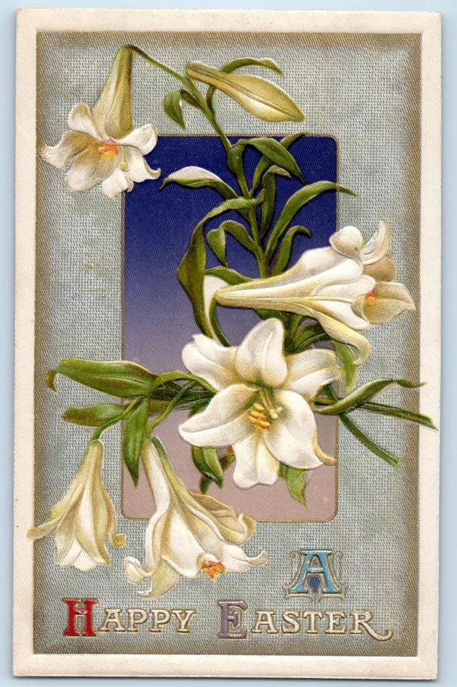 Antique postcard with white lily flowers and green leaves, with 'A HAPPY EASTER' text
