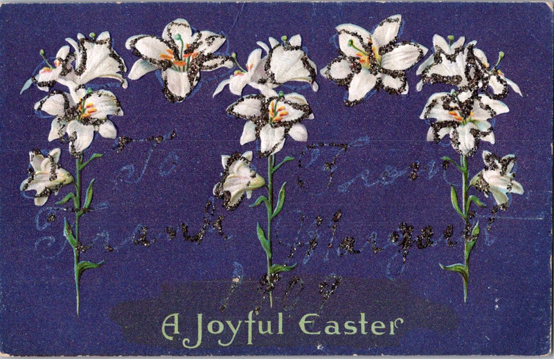 Vintage Postcard Easter Greeting White Lily Flowers On Deep Blue Background Lily