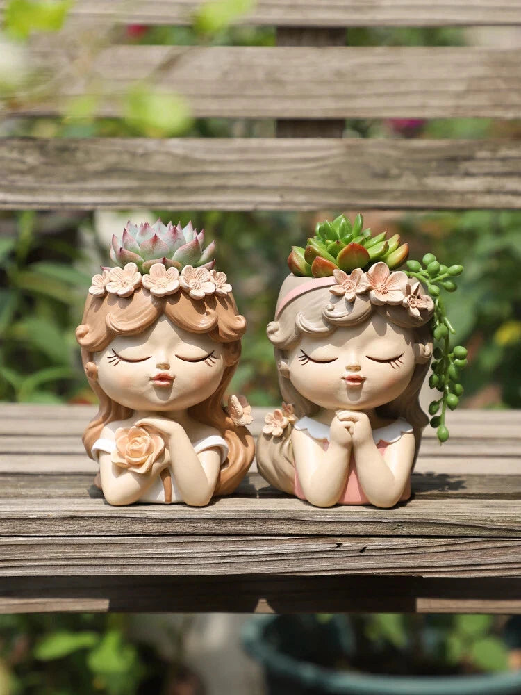 Cute resin girl succulent planters with floral crown, closed-eye faces, two-pack