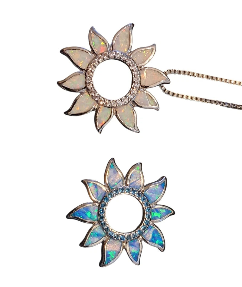 925 sterling silver Rainbow blue Or Blue opal sunflower pendant [PEN-10] Sunflower