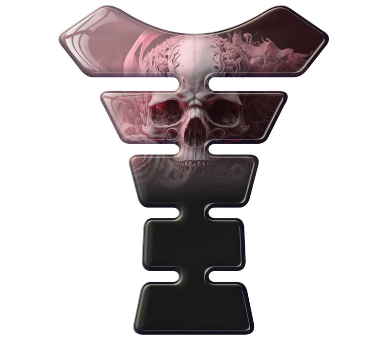 Resin domed tank pad with dark skull and rose graphic, black and pink tones