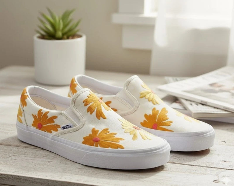 Vans Skate Sneakers White Floral Sunflower Embroidered Shoes Retail $70 Sz 9.5 Sunflower
