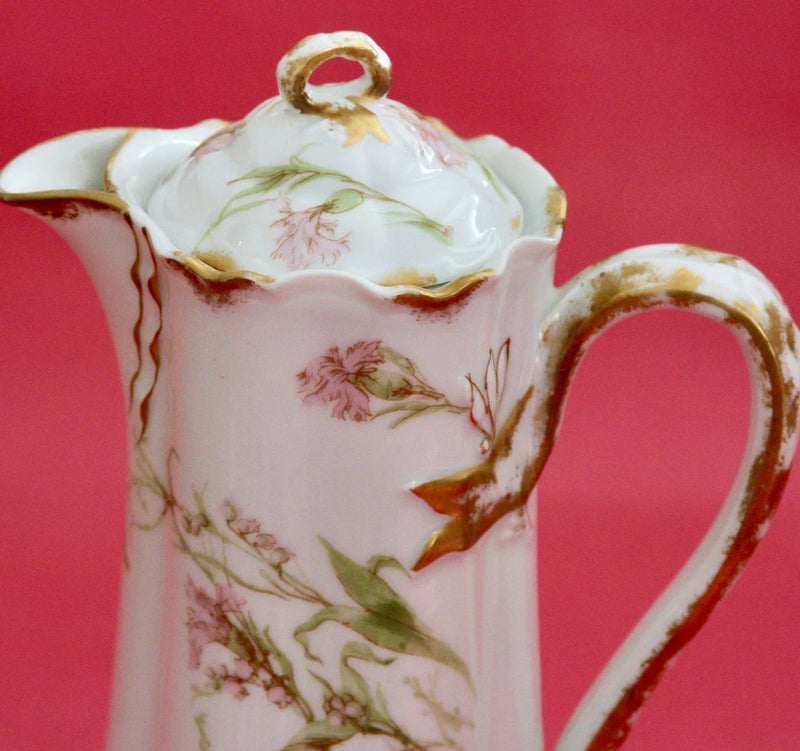 Haviland Limoges France Porcelain Teapot Chocolate Pot Pink Carnations Gold 472e Carnation