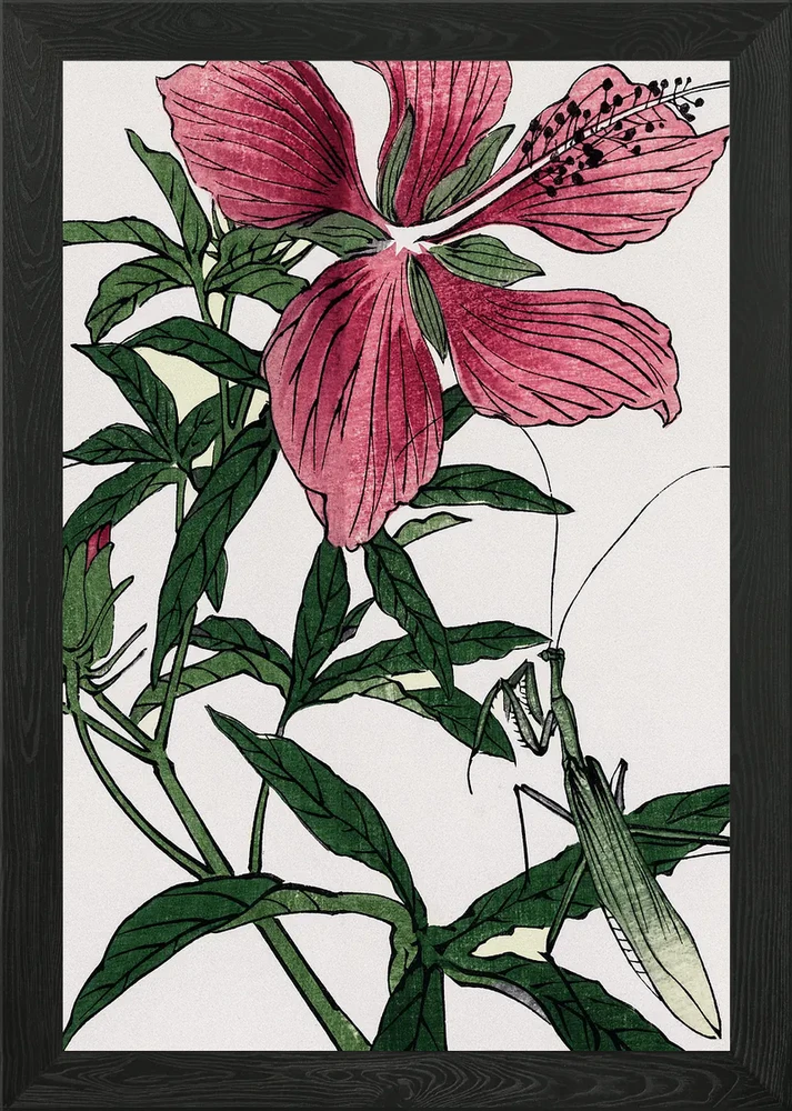Framed wall art with pink lily blossoms and green leaves on white canvas