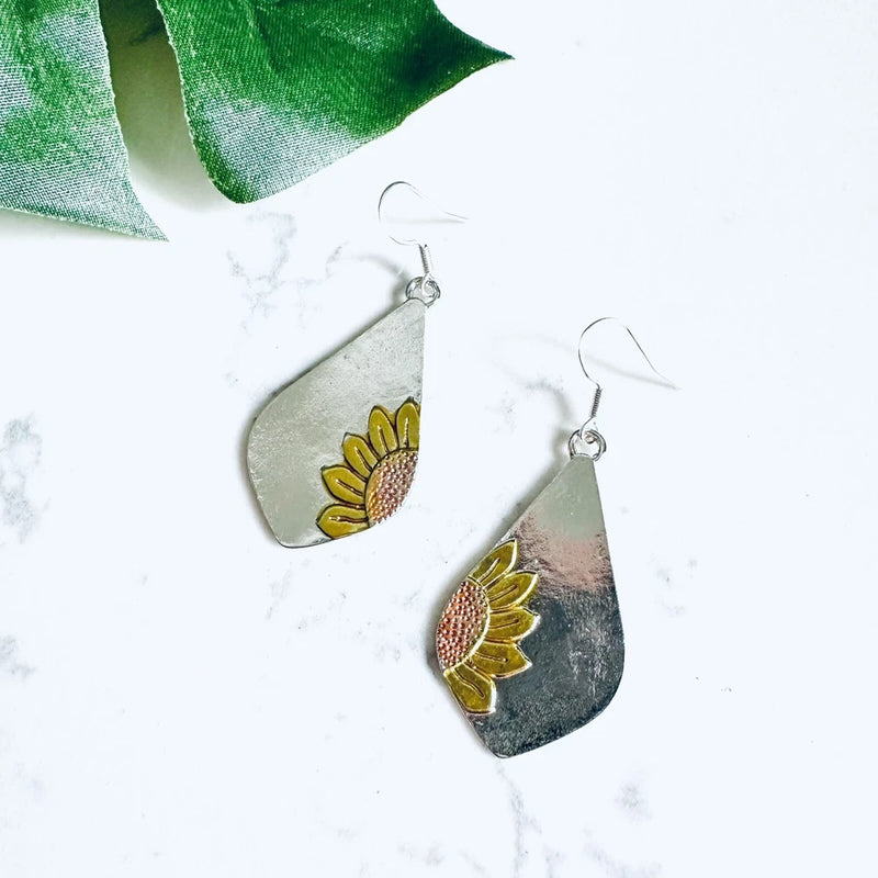 Sunflower teardrop earrings with silver backing and yellow flower detail
