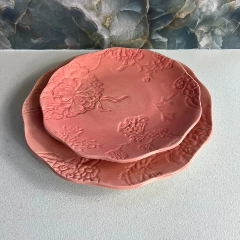 Edie Rose Home Plate Set of 2 Hydrangea Collection Coral Pink Lunch & Dinner Hydrangea