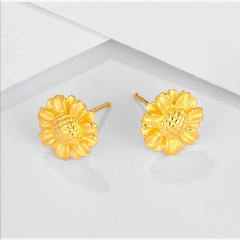 999 Pure Real 24K Yellow Gold Earrings Beauty Sunflower Flower Earrings Sunflower