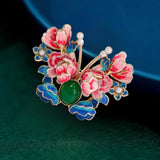 Red/Purple Enamel Faux Pearl Peony Flower Butterfly Brooch Pin Peony