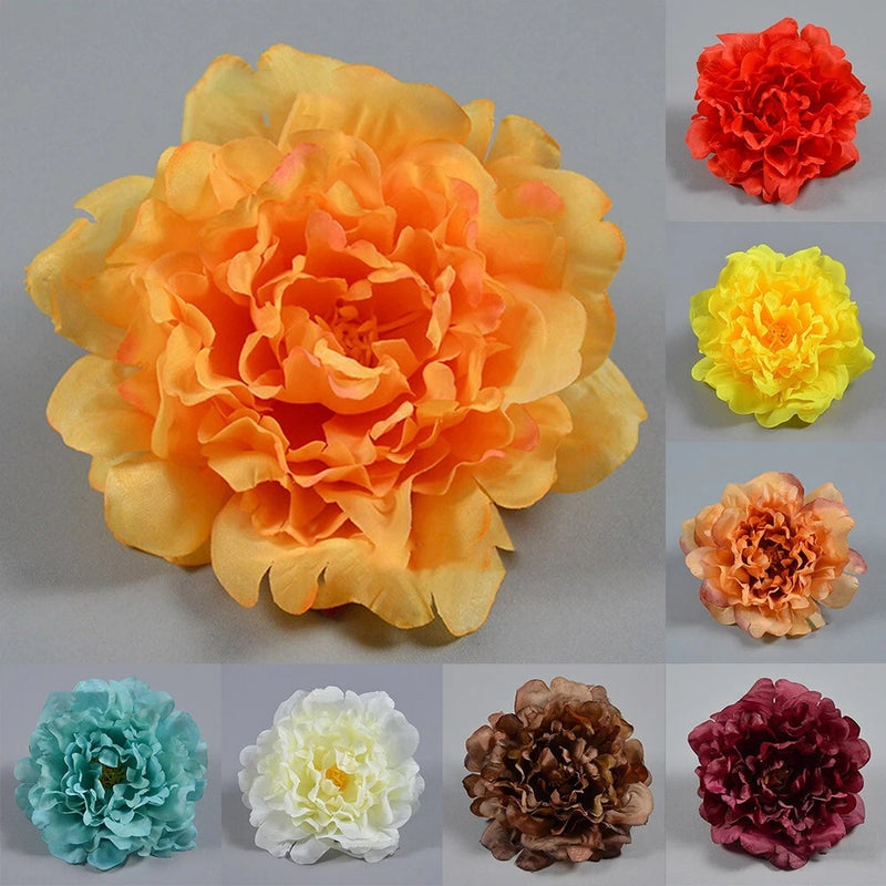 Set of silk peony flower heads with assorted colors: orange, red, yellow, teal, white