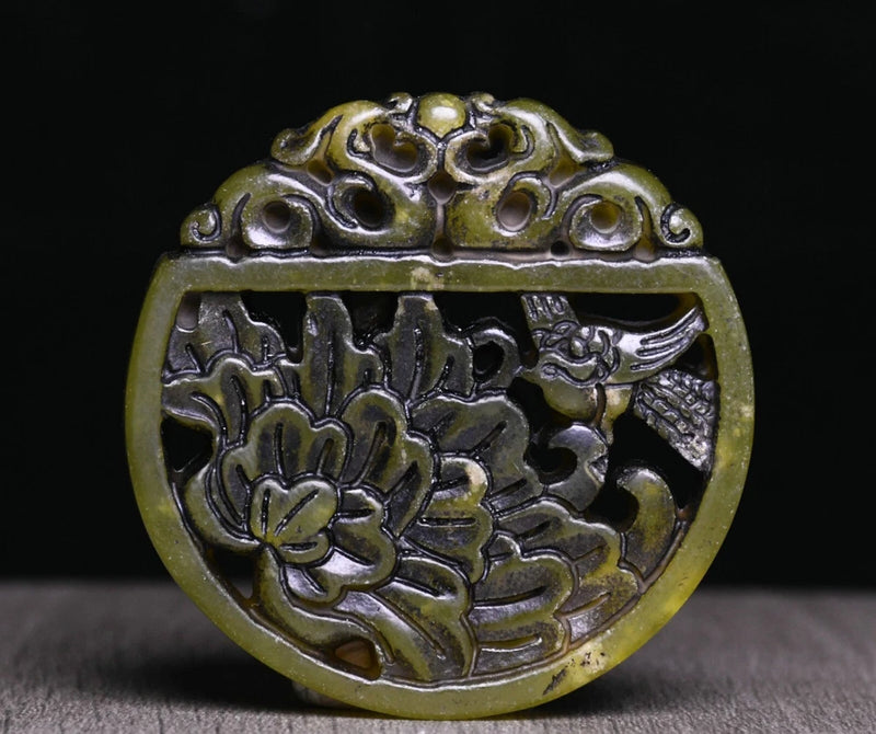 Old Dynasty Hetian Jade Dragon Beast Peony Flower Bird Yubi Yu Bi Amulet Pendant Peony