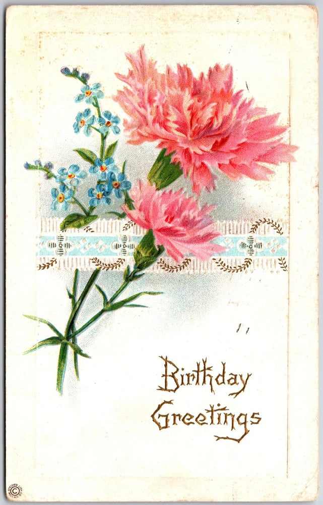 Vintage birthday greetings postcard with pink carnations and blue forget-me-nots