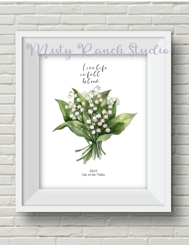Lily of the Valley floral art print with green leaves, white blossoms, and MAY text