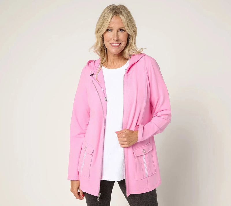Pink hooded French terry jacket with zipper and front pockets