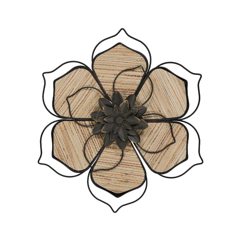 Peony-inspired wire wall decor with tan burlap-like petals and dark center bloom